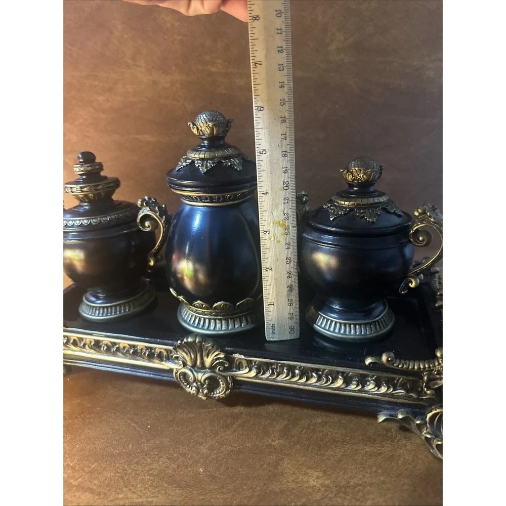 Hollywood Regency Resin Inkwell & Urn Vanity Tray 4pc Set Black Gold Decor